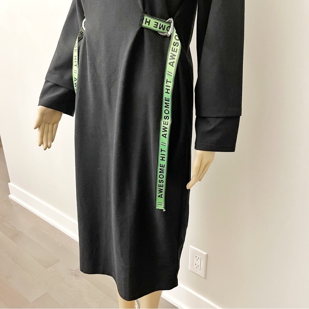 ZARA Black Minimalist Contemporary Relaxed Fit Long Sleeves Belted Midi Dress. - Picture 7 of 16